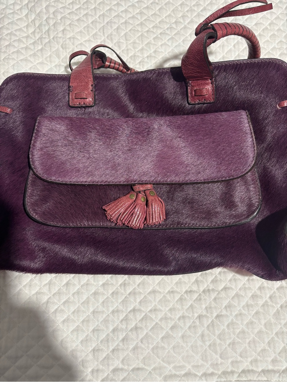 Antonio Melani Purple Leather & Hair-calf Bag with Tassel Accent EUC